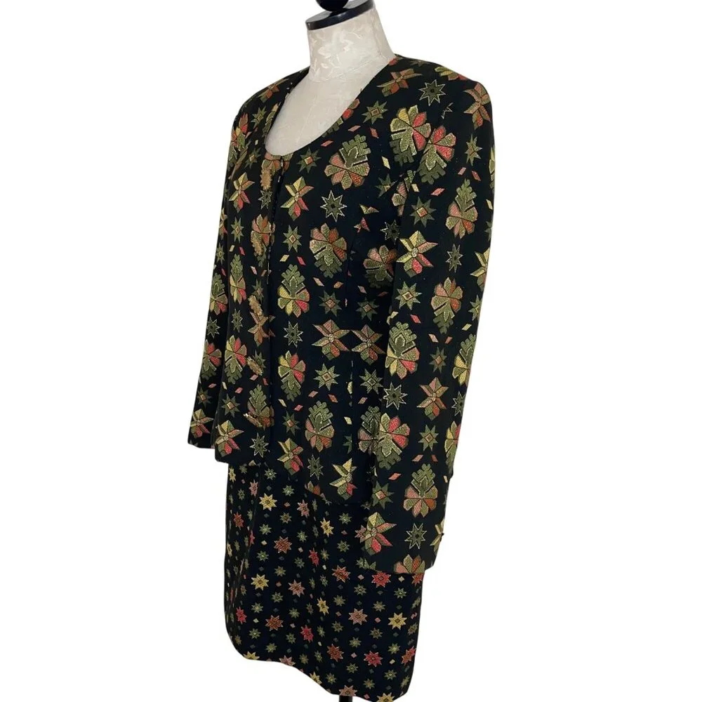 Victor Costa Vintage Womens Skirt Suit Size 10 Multicolor Brocade Star Print - Picture 2 of 16